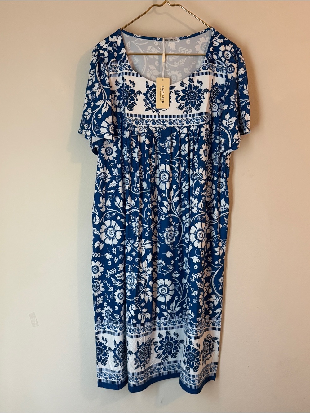 Short Sleeve Blue and White Floral Midi Mumu Lounge Dress with Pockets
